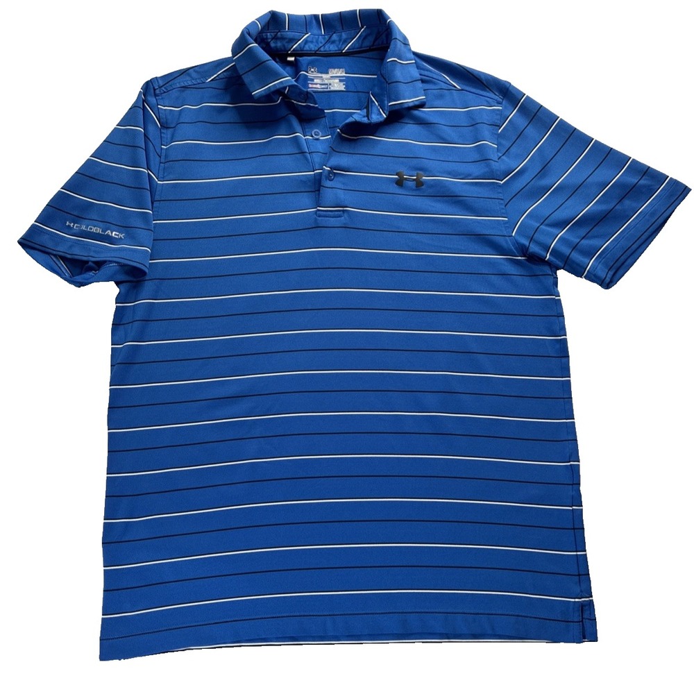 Under Armour Polo Shirt Mens Medium Blue Striped Loose Heatgear ColdBlack